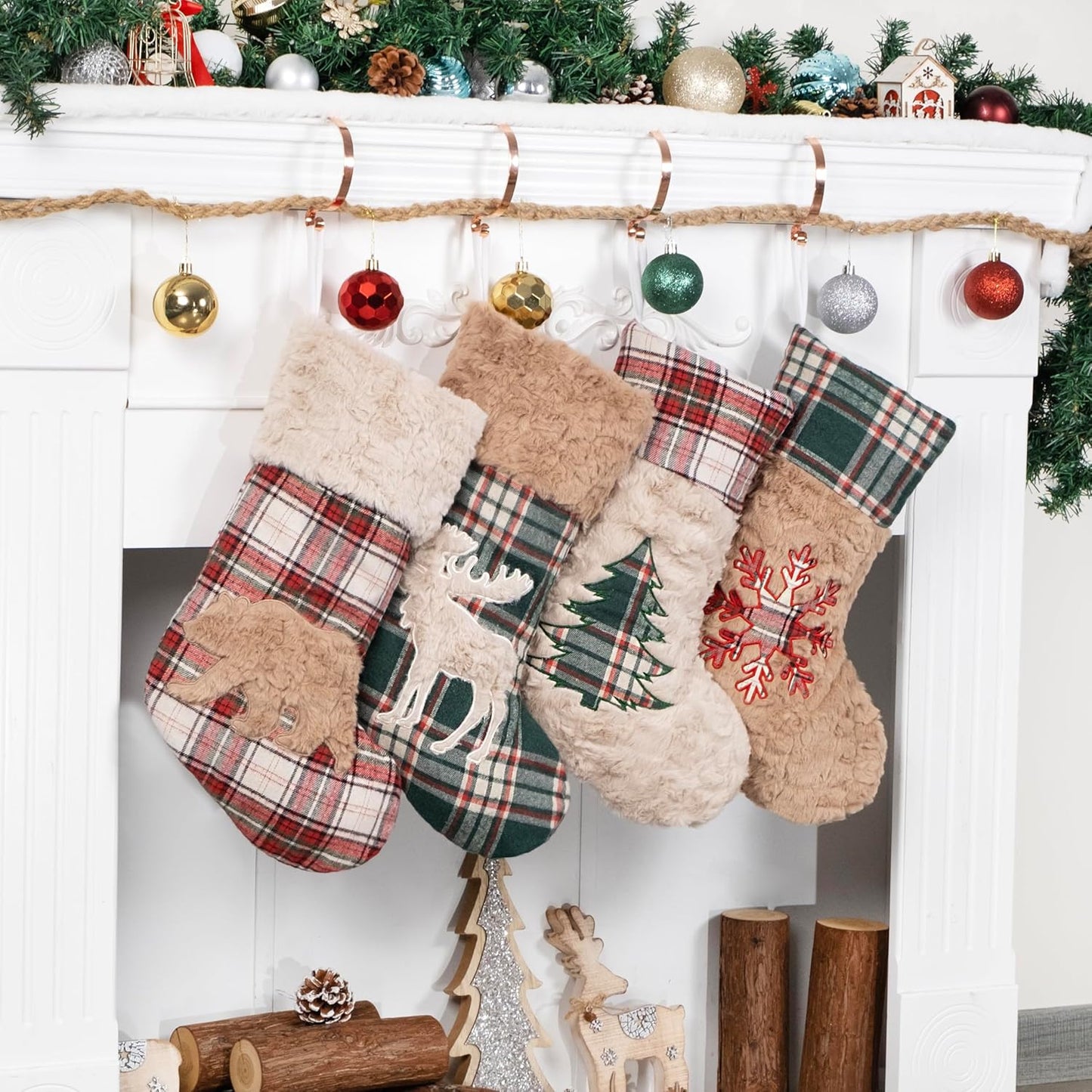 6 Pack Christmas Stocking - Red Green Plush Plaid Mix and Match Classic Rustic Farmhouse Country Cotton Fireplace Hanging Xmas Stockings for Family Holiday Season Decor