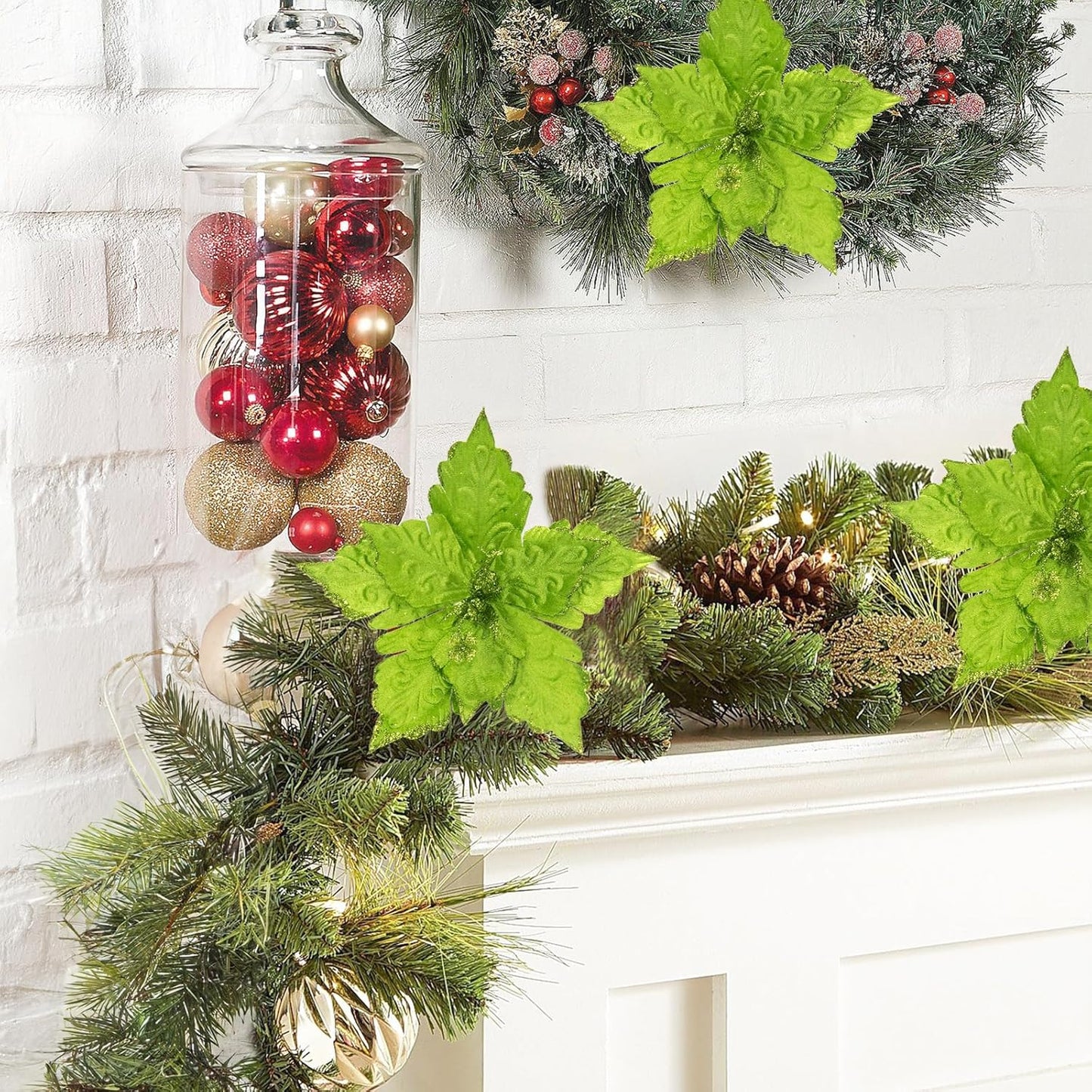 Glittery Christmas Poinsettia Flowers - Set of 6 - Green