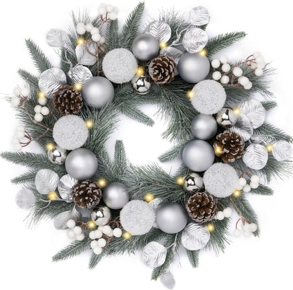 Pre-Lit Christmas Wreath with Lights and Champagne Gold Xmas Balls - 20 Inch