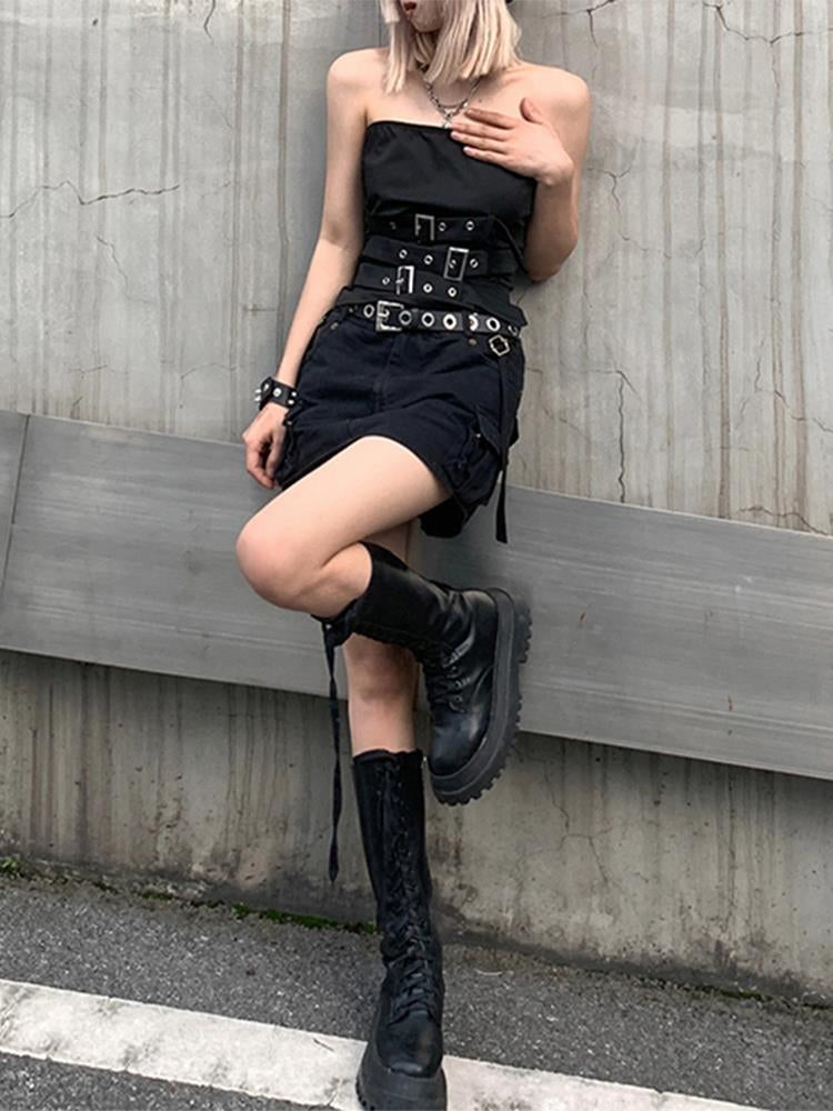 Gothic Eyelet Bandage Design Punk Black Sleeveless Crop Top