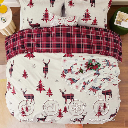 Christmas Duvet Cover Queen - Reversible Buffalo Check Printed Plaid - Includes 1 Duvet Cover and 2 Pillow Shams - Reindeer Design - Queen Size