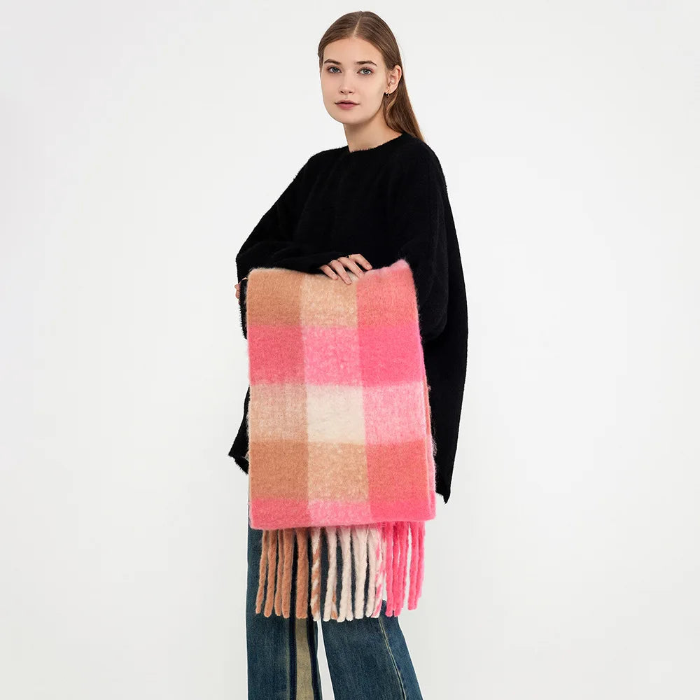 Winter Plaid Tassel Rainbow Faux Cashmere Long Muffler Scarf