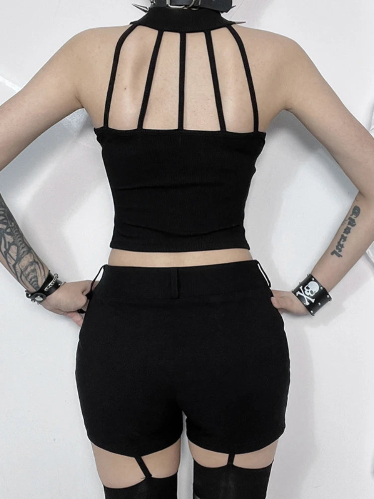 Streetwear Gothic Black Dark Cyber Punk Patchwork Cross Alt Grunge Crop Top