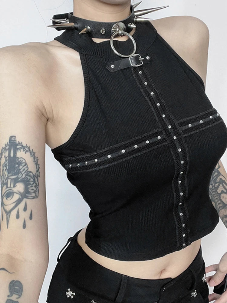 Streetwear Gothic Black Dark Cyber Punk Patchwork Cross Alt Grunge Crop Top