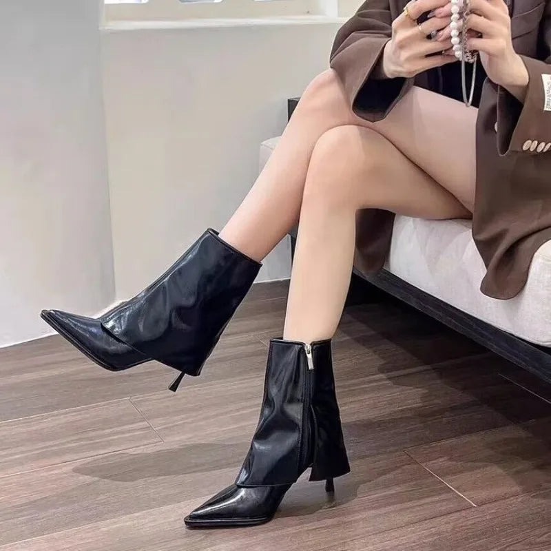 Black Beige Brown Microfiber Pointed Toe Stiletto High Heel Ankle Boot