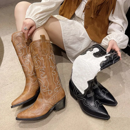 Luxurious Retro Embroidered Stylish Pointed Toe Fashionable Knee High Boots