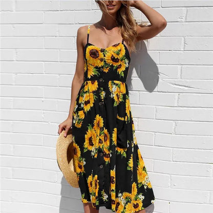 Beach Printing Suspenders Robe V-Neck Seeveless Women's Vestiti Donna Midi Dresses