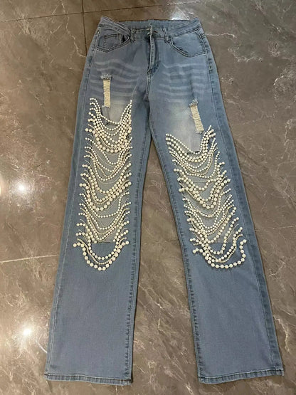 Straight Holes Pearls Diamond Rhinestones Solid Fashion Cotton High Street Jeans