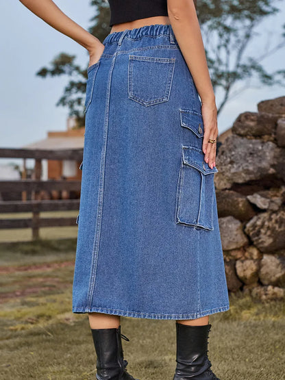 DressBetty - Casual Split Long High Waisted A-Line Cargo Jean Skirt