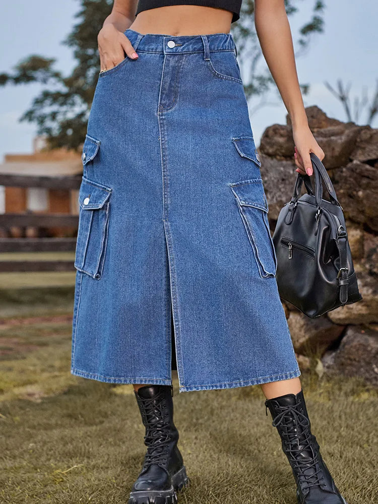 DressBetty - Casual Split Long High Waisted A-Line Cargo Jean Skirt