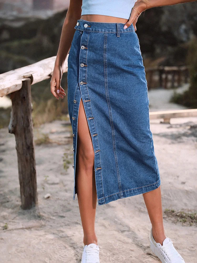 DressBetty - Sexy Streetwear Button Denim Skirt Bodycon Long Skirt