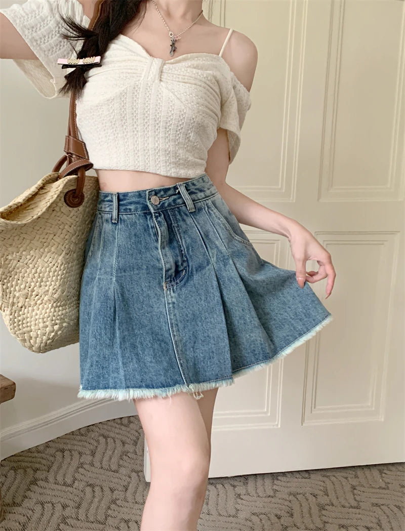 DressBetty - Streetwear Retro Raw Hem Pleated Denim Mini Skirt