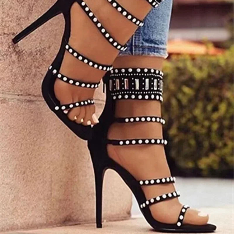 Sophisticated Black Beige Gladiator Sexy Peep Toe Diamond Pearl Ankle Band High Heel