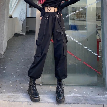 Black Cargo Pants Women Streetwear Gothic High Waist Techwear Pants