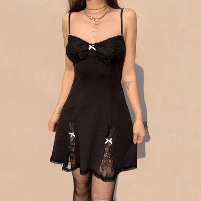 Black Gothic Lolita Style Lace Trim Sleeveless V Neck Bow Y2K Aesthetic Grunge Mini A-Line Dress