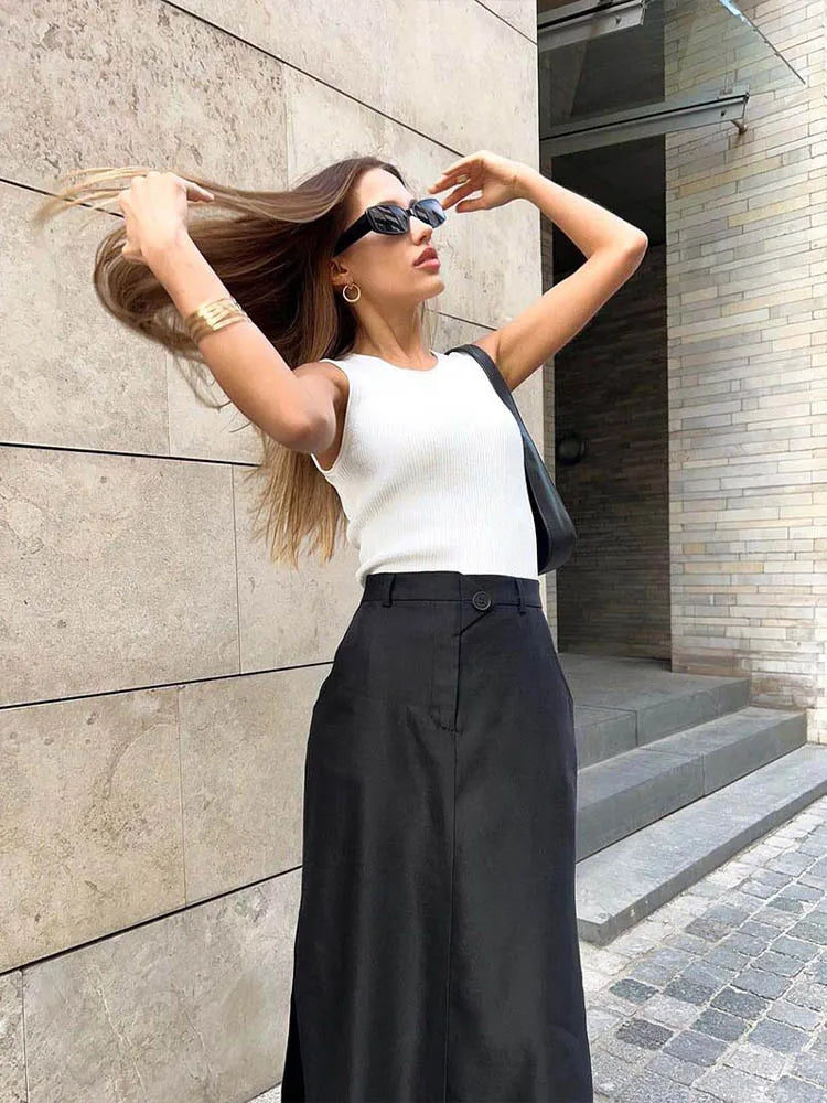 Black Loose Elegant A-Line Summer Ankle-Length Pocket Skirt