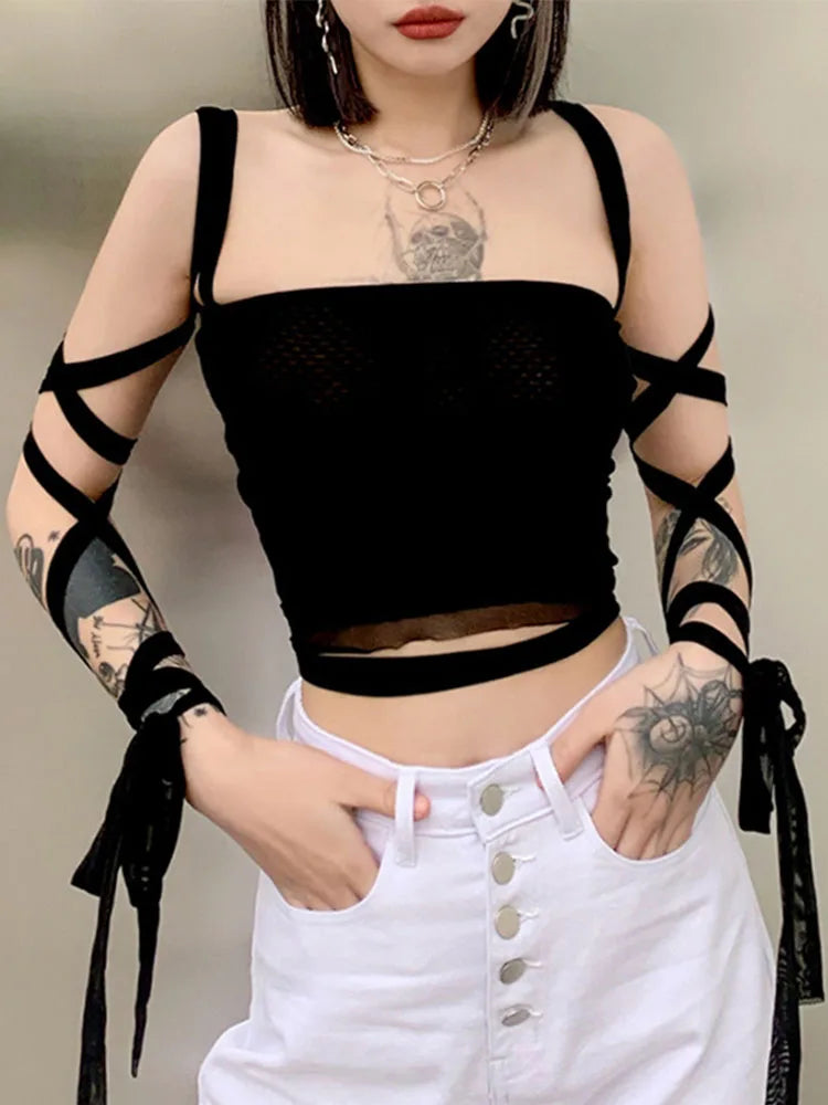 Mesh Lace Up Bandage Fairy Grunge Cyber Y2k Mall Goth Sexy Crop Top