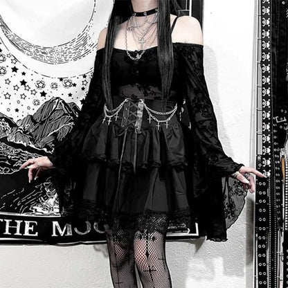 Black Mini Gothic Sexy Cute Women Drawstring Folds High Waist Irregular Ruffle Patchwork Fairycore Skirt