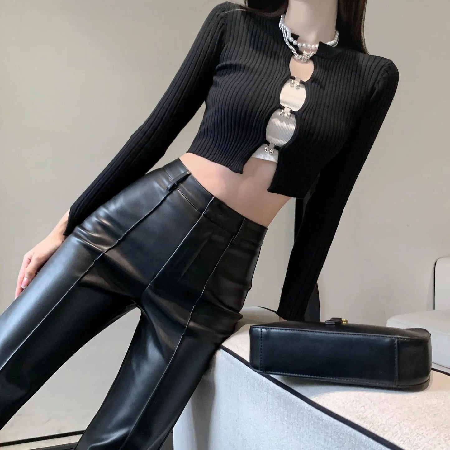 Black High Waist Wide Leg Slim Straight Loose Leather Autumn Urban Casual Pants