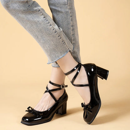 Black Retro Casual Summer Round Toe Sweet Fashion Ladies Bow Design Low Heel Pumps