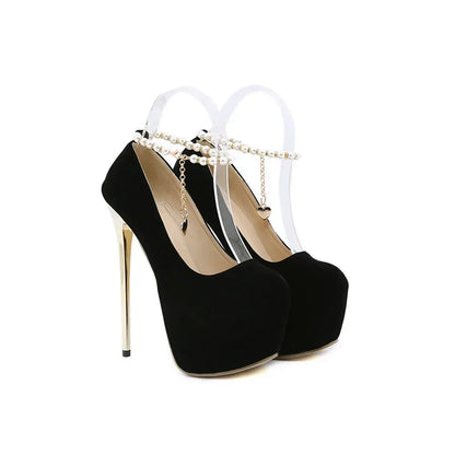 Black sexy solid round head wedding Thin high heel pearl chain High Heel