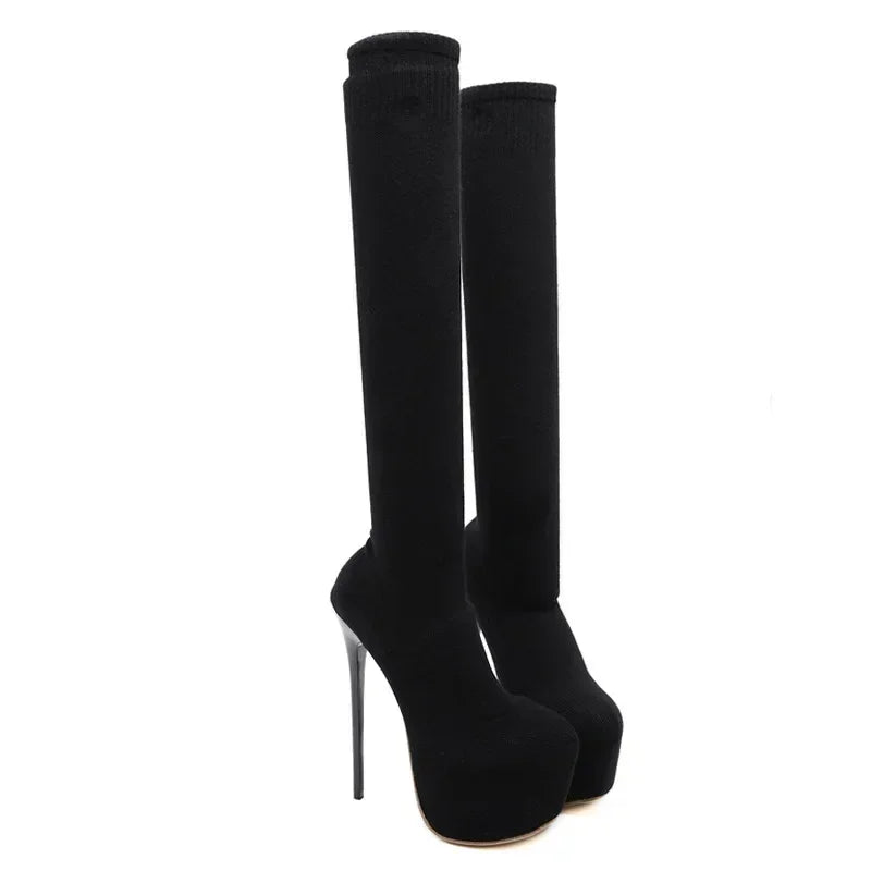 Sleek Black Sexy Thigh High Long Socks Platform Slim Elastic High Heel