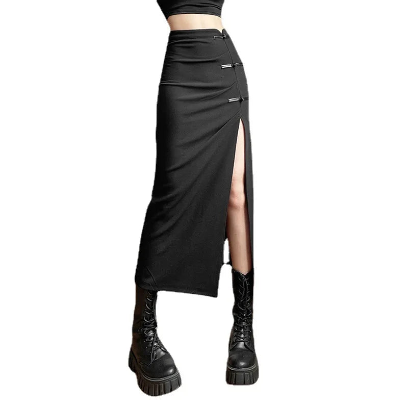 Black Sexy Women A-line Slits High Waist Slim Hip-covering Solid Mid-length Long Streetwear Skirt