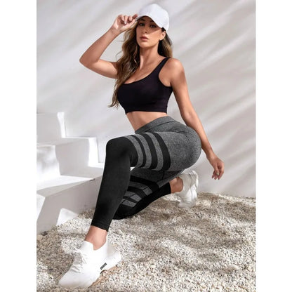 Black Stripe Seamless Slim Gym Running High Waist Fashion Knit Leggings