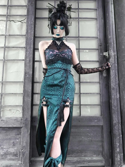 Original Design Summer Dress Snake Halter Neck Mesh Patch New Sexy Gothic Cheongsam High Slit Dress