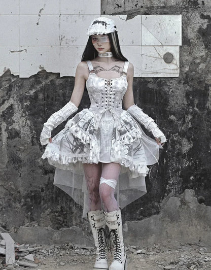 Original Madhouse Vintage Punk Niche Trailing Print Dress Gothic Light Lolita Suspender Dress