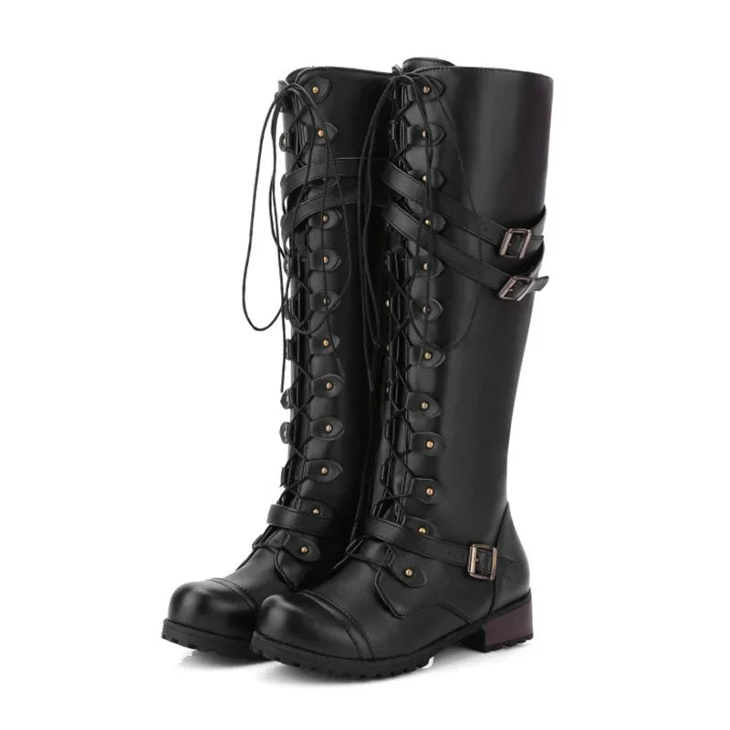 Rome Style Lace Up Platform Winter Solid Plus Size Knee High Boots