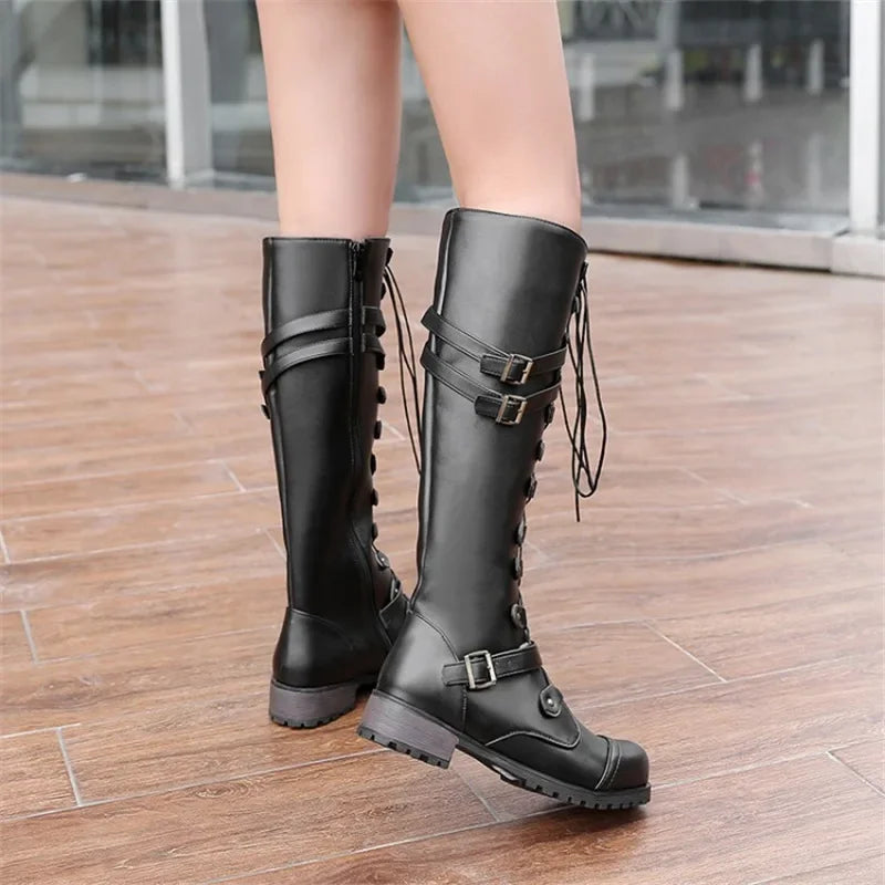 Rome Style Lace Up Platform Winter Solid Plus Size Knee High Boots