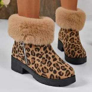 Ankle Fur Suede Leopard Platform Chunky Short Plush Snow Boot