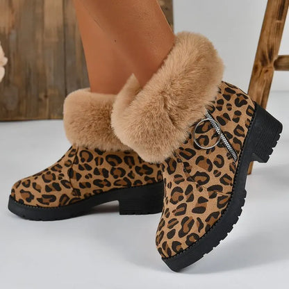 Ankle Fur Suede Leopard Platform Chunky Short Plush Snow Boot