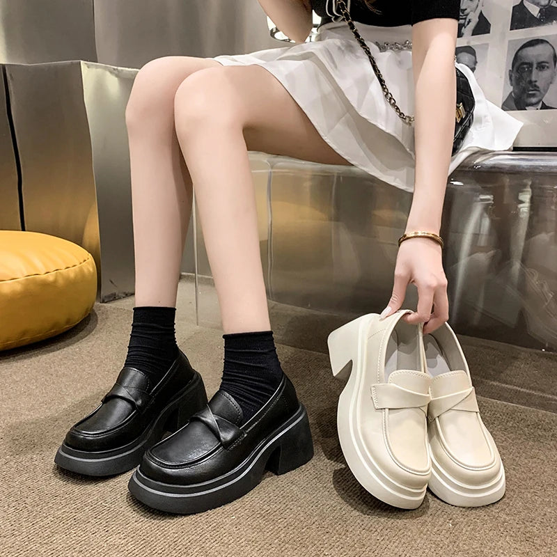 British Style Platform Thick Bottom Chunky Heels Round Toe Leather Women Loafers