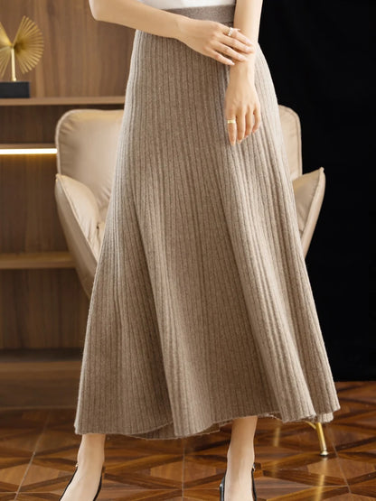 Autumn Winter Wool Long Pleated Merino Wool Grace Soft Skirt