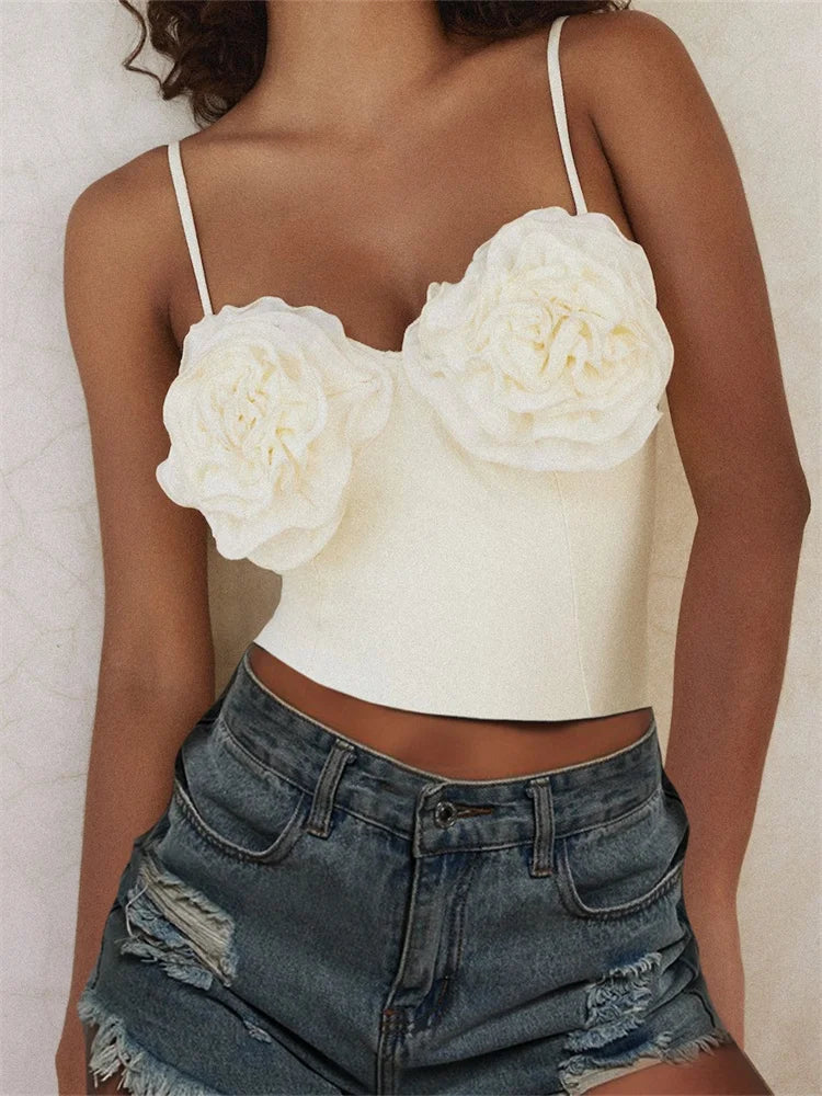 3D Flower Patchwork for Women Girls Sleeveless Strap V-neck Summer Streetwear Slim Fit Mini Vest 2024 Crop Top