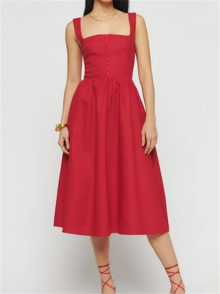 Elegant Square Neck Button-Up Sling High Waist A-Line Summer Midi Dress