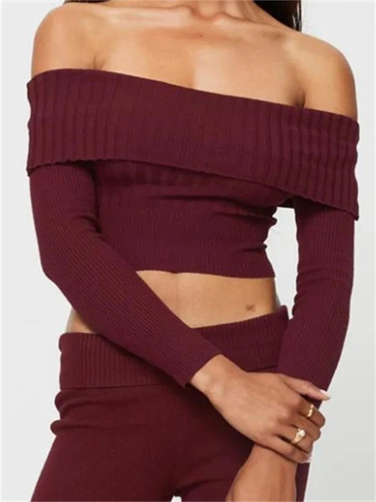 Knitted Ribbed Long Sleeve Crop Slash Neck Off Shoulder Slim Fit Solid T-shirts