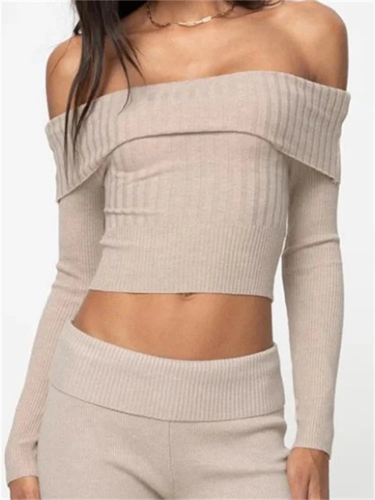 Knitted Ribbed Long Sleeve Crop Slash Neck Off Shoulder Slim Fit Solid T-shirts