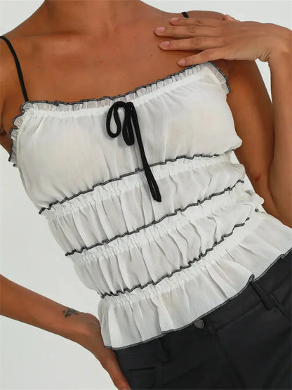 Retro Ruffles for Women Sleeveless Spaghetti Strap Backless Fairy Ruched Patchwork Lace-up Vest Crop Top