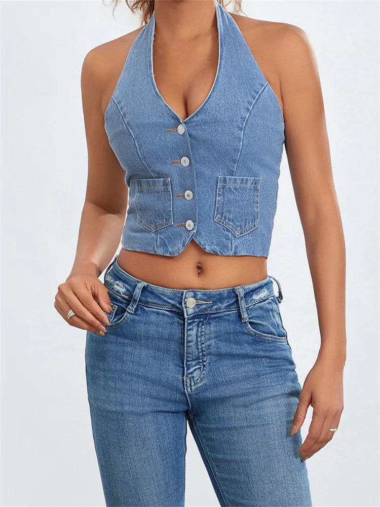 Sexy Women Halter Off Shoulder Sleeveless Backless Buttons Up Summer Denim Vest Club Party Streetwear 2024 Crop Top