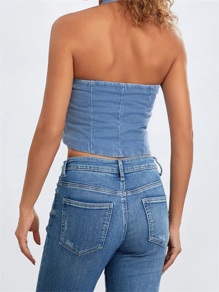 Sexy Women Halter Off Shoulder Sleeveless Backless Buttons Up Summer Denim Vest Club Party Streetwear 2024 Crop Top