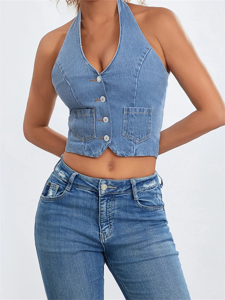 Sexy Women Halter Off Shoulder Sleeveless Backless Buttons Up Summer Denim Vest Club Party Streetwear 2024 Crop Top