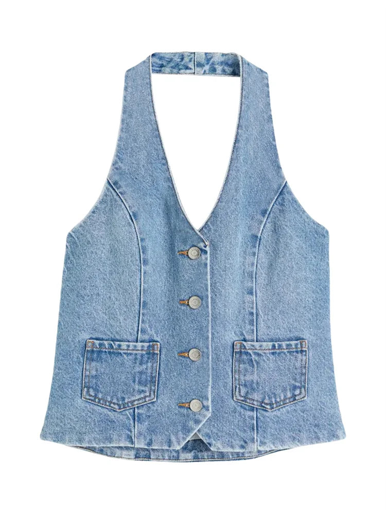 Sexy Women Halter Off Shoulder Sleeveless Backless Buttons Up Summer Denim Vest Club Party Streetwear 2024 Crop Top