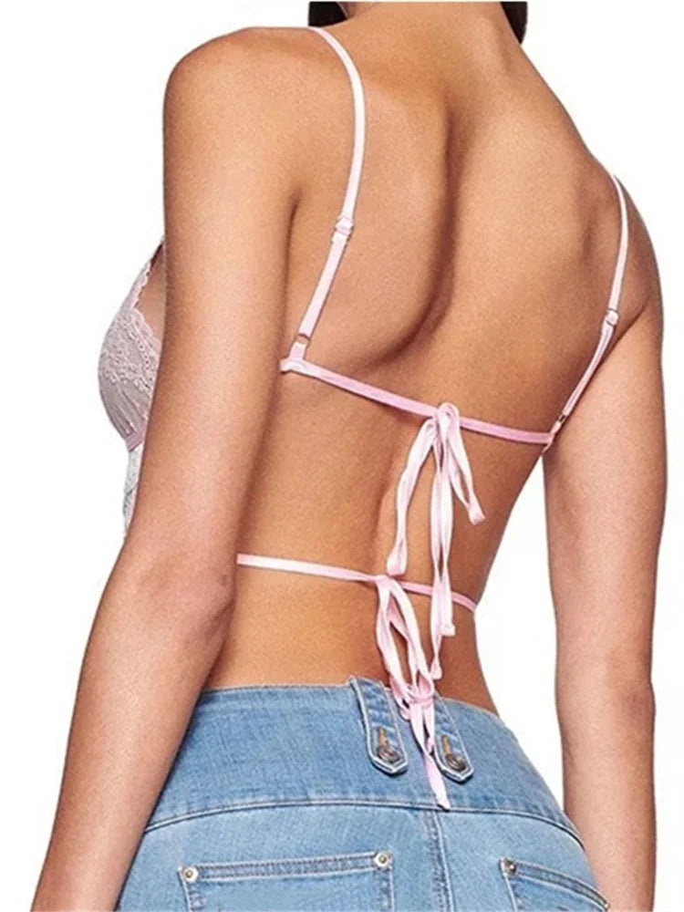 Sexy Women Lace Slim Front Bowknot Patchwork Cutout Spaghetti Strap Mini Vest Exposed Navel Cropped Tanks Crop Top