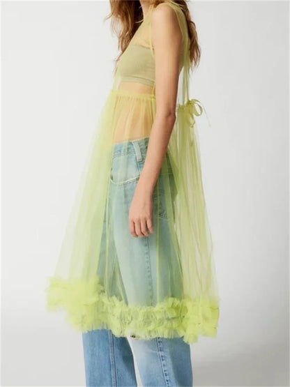 Sheer See-Through Solid Color Crew Neck Ruffles Sleeveless Midi Dress