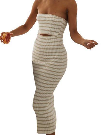 Sexy Off Shoulder Knitted Strapless Backless Striped Patchwork Midi Dress