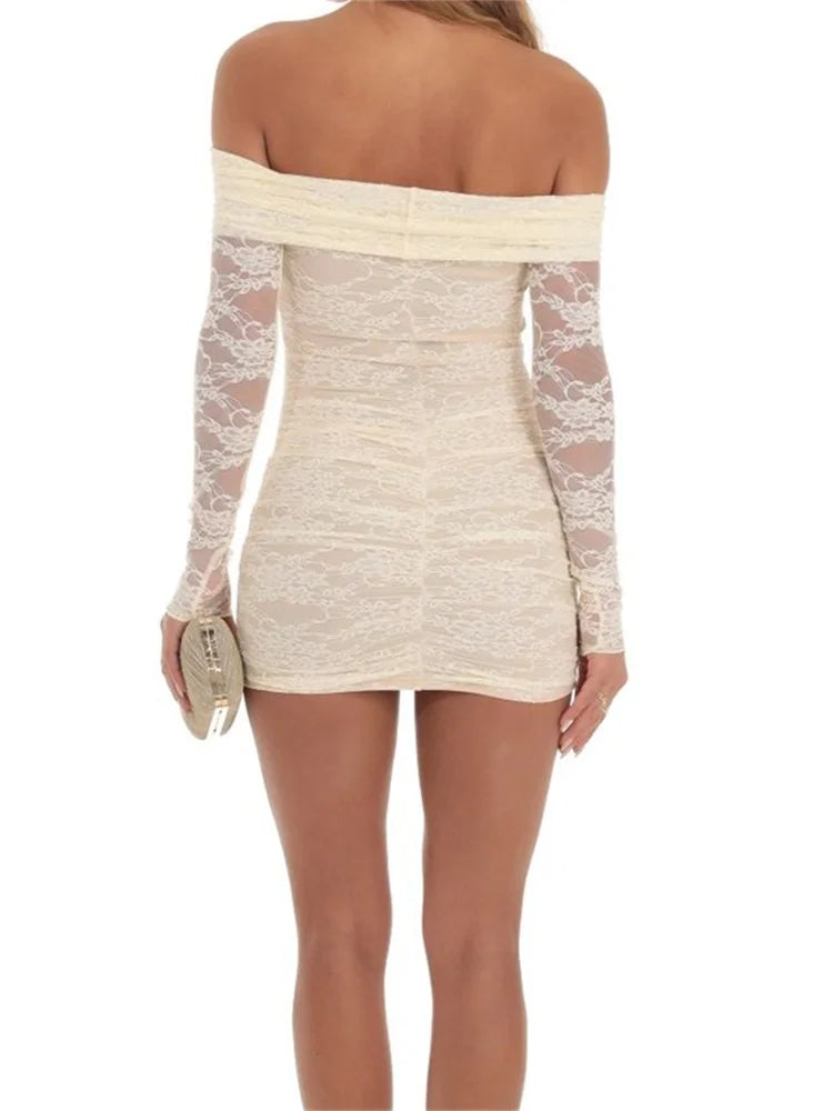 Off Shoulder Lace Long Sleeve Bodycon Mini Dresses