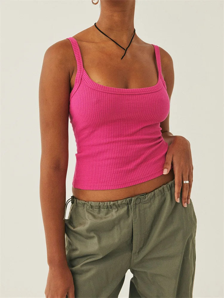 Sleeveless Strap Ribbed Causal Cropped Top Summer Solid O-neck Slim Fit Exposed Navel Mini Vest 2024 Crop Top